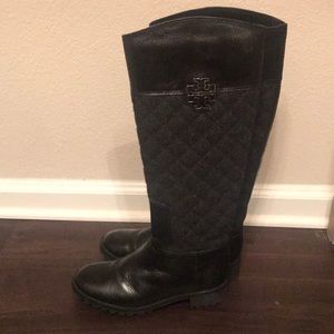 Tory Burch leather/quilted wool riding boots
